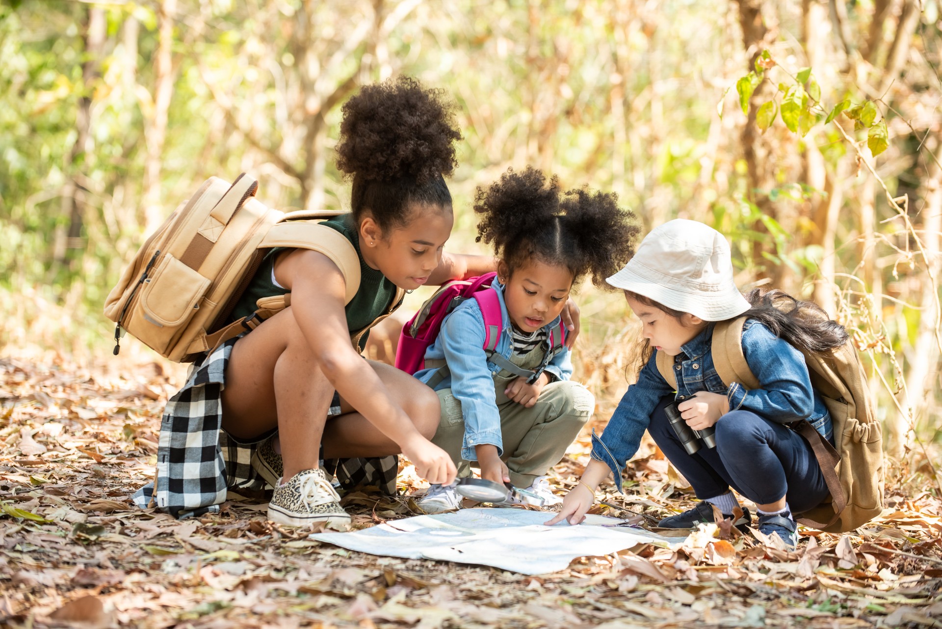 Group of Diversity little girl hiking together at forest mountain in summer vacation